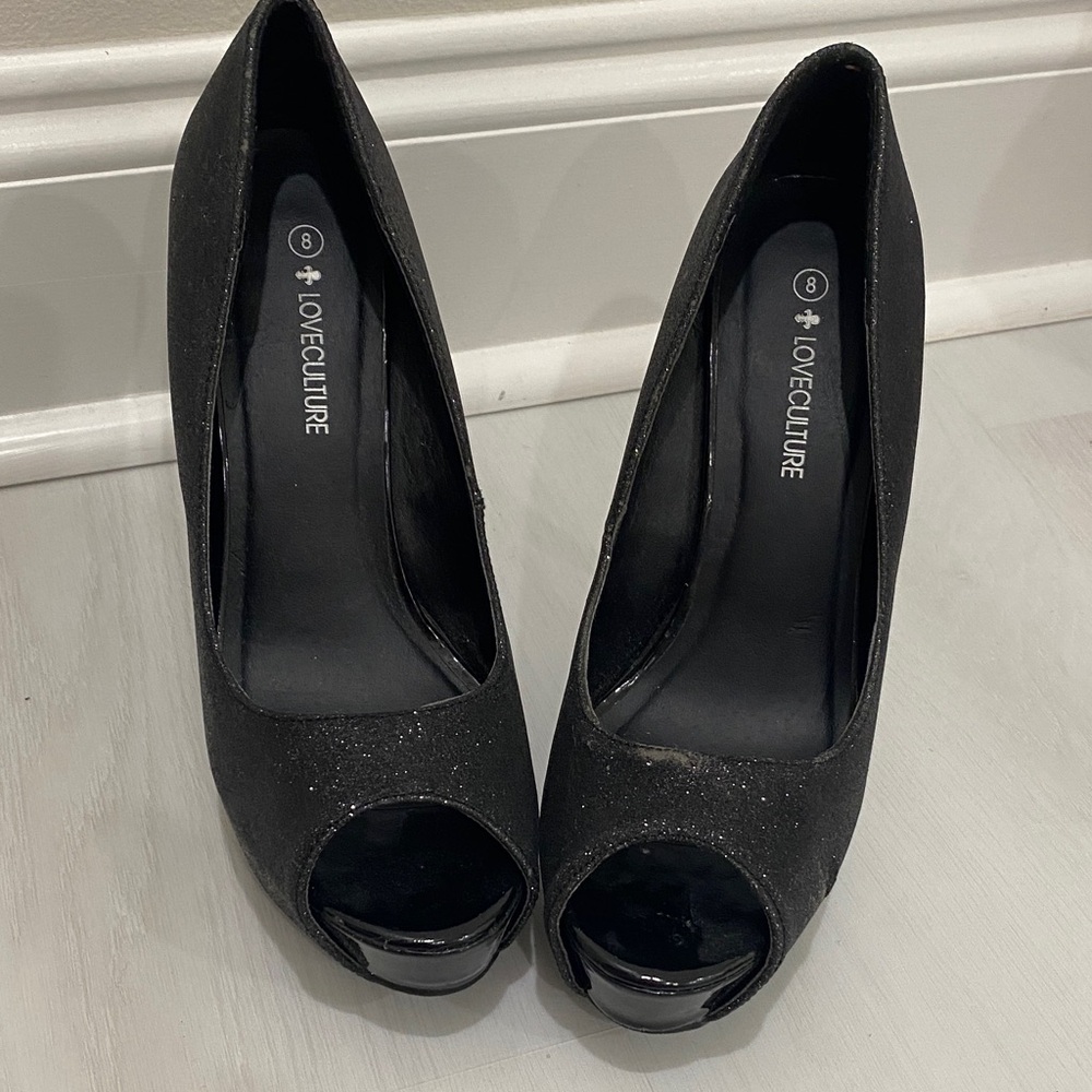 Love Culture Glitter Black Peep Toe Heels